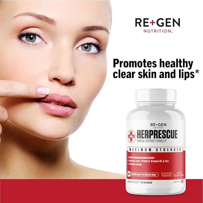 Re+Gen Nutrition HERPRESCUE Outbreak Support Supplement Cold Sore Care for Adults Natural Capsules w/Zinc Vitamin C &amp L lysine Amino Acid for Immune Health 120 Capsules