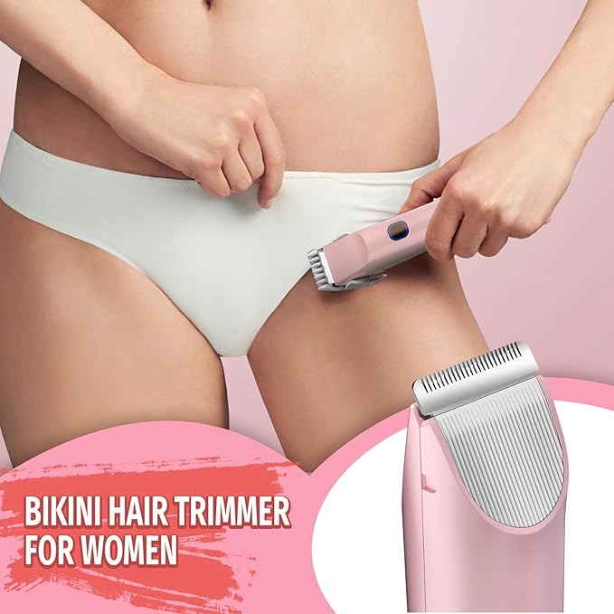 2-in-1 Bikini Trimmer for Women Bikini Shaver with Dual Heads Body and Facial Hair Removal Cordless Rechargeable Electric Razors for Face Chin Pubic Underarm Legs IPX7 Waterproof Pink