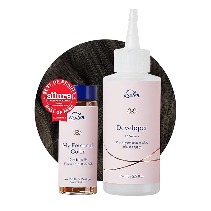 eSalon Permanent Hair Color &amp Hair Dye Kit - Dark Brown - Personal Colorist for Up To 100% Gray Coverage All Hair Types - Professional-Grade Ammonia-Free Dye
