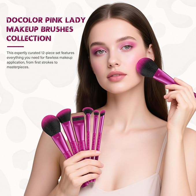 docolor Makeup Brushes 12PCS Pink Leopard Makeup Brush Set Premium Synthetic Foundation Powder Concealers Eyeshadow Blush Make Up Brushes with 1PC Large Powder Puffs