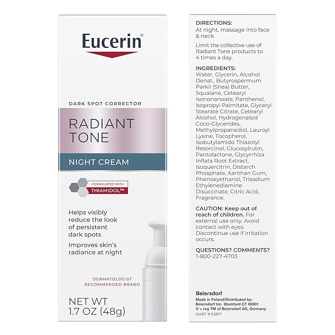 Eucerin Radiant Tone Night Cream Dark Spot Corrector with Thiamidol Night Moisturizer for Face Helps Visibly Reduce the Look of Persistent Dark Spots All Skin Types 1.7 Oz Bottle