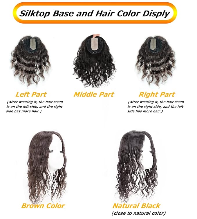10 Women Natural Wavy Human Hair Toppers Middle Part Silktop 13x14cm Seamless Hairpiece Toupee Simulated Short Curly Clip in Top Hair Pieces Topper Hairpiece for Thinning Hair Brown