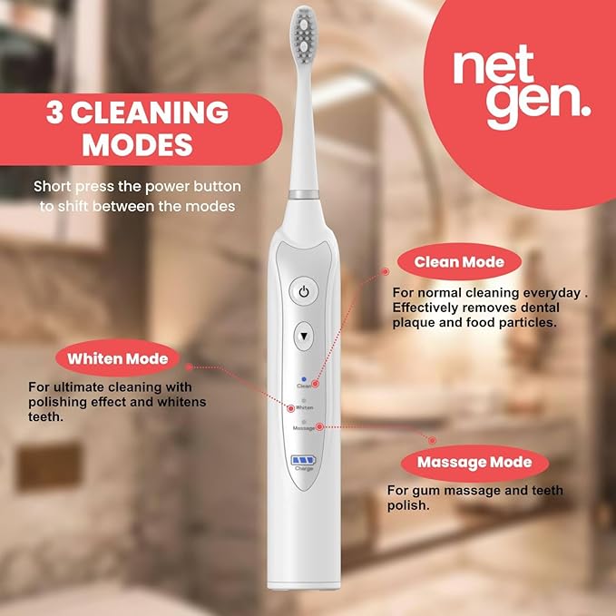 Sonic Electric Toothbrush for Adults with 5 Toothbrush Replacement Heads 3 Brushing Modes &amp 2 Minutes Built-in Timer Travel Toothbrushes with Inductive Charging Rechargeable toothbrush | White
