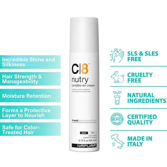 NAPURA C8 Moisturizing Conditioner Cream (6.76 fl oz) for Dry Damaged Hair - Cashmere Proteins Jojoba &amp Avocado Oils - Hydrates Nourishes &amp Adds Shine