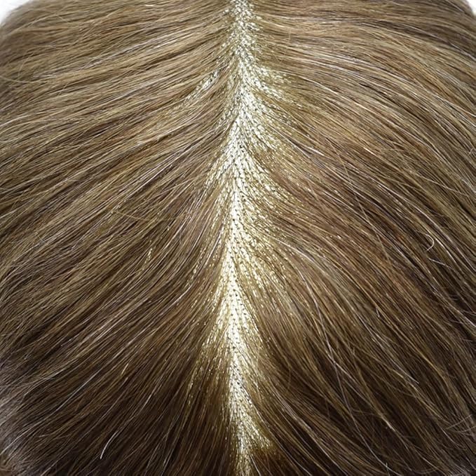 LYRICAL HAIR Toupee for Men Hair System Replacement Monofilament Mens Toupee Hairpiece Durable Poly Coated NPU Around Wig for Men Human Hair Piece Unit 120% Density 6X8 #410 Medium Brown+10% Gray