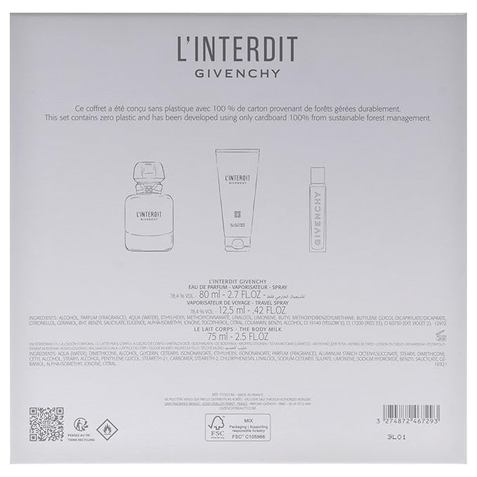 Givenchy LInterdit for Women - 3 Pc Gift Set 2.7oz EDP Spray 0.42oz EDP Spray 2.5oz Body Milk