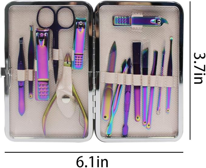 Professional Stainless Steel Chameleon Nail Clipper Travel &amp Grooming Kit Nail Tools Manicure &amp Pedicure Set of 15pcs with Luxurious Case(Purple)