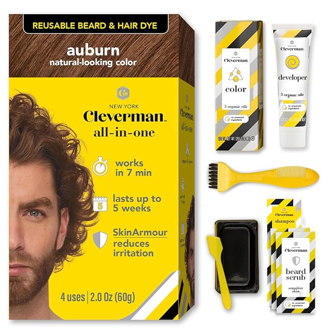 CLEVERMAN Auburn Hair &amp Beard Dye for Men - All-in-One Reusable Kit Fast-Acting Long Lasting Ammonia-Free Professional Quality for Hair Beard &amp Gray Mustache - Semi-Permanent Extended