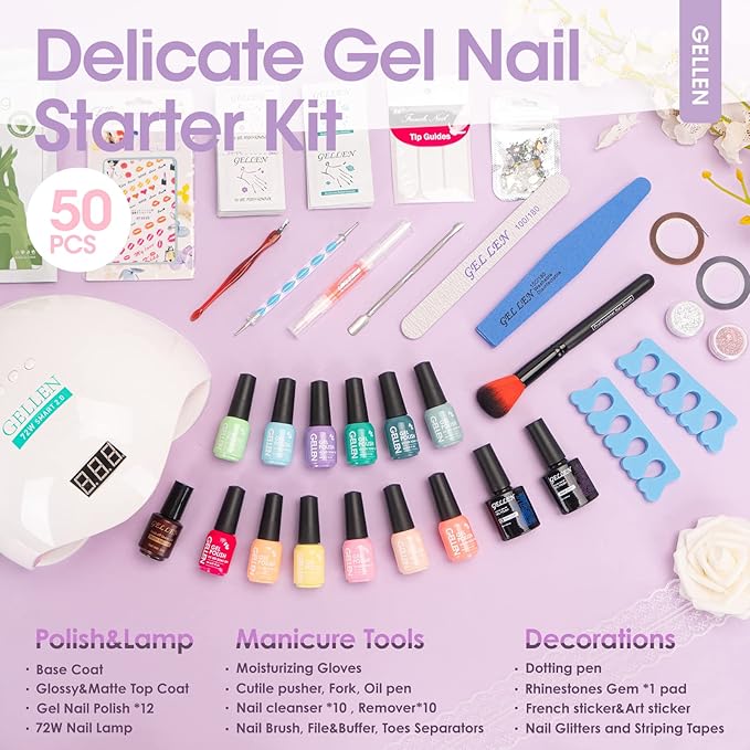 Gellen Gel Nail Polish Kit with U V LED Light 72W Nail Dryer 12 Gel Nail Polish Colors No Wipe Top Base Coat Nail Art Decorations Manicure Tools All-In-One Manicure Kit Colorful Rainbow