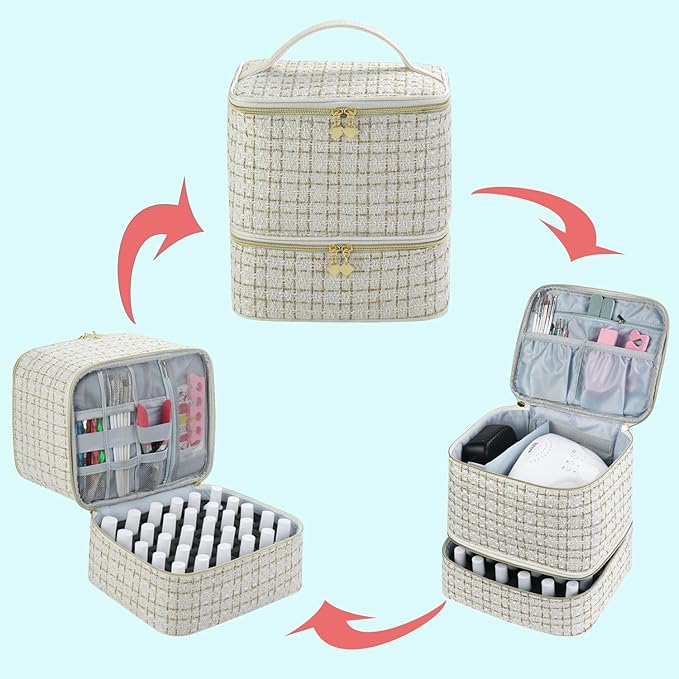 CTWWFS Nail Polish Organizer and Nail Lamp Case Nail Kit Organizer Holds 30 Bottles (15ml - 0.5 fl.oz) and a Nail Lamp Nail Polish Carrying Case with Manicure Tools Storage Sections (A-White)