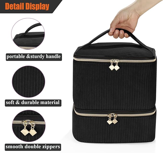 Corduroy Nail Polish Organizer and Nail Lamp Case Nail Kit Organizer Holds 30 Bottles (15ml - 0.5 fl.oz) and a Nail Lamp Nail Polish Carrying Case with Manicure Tools Storage Sections (Black)