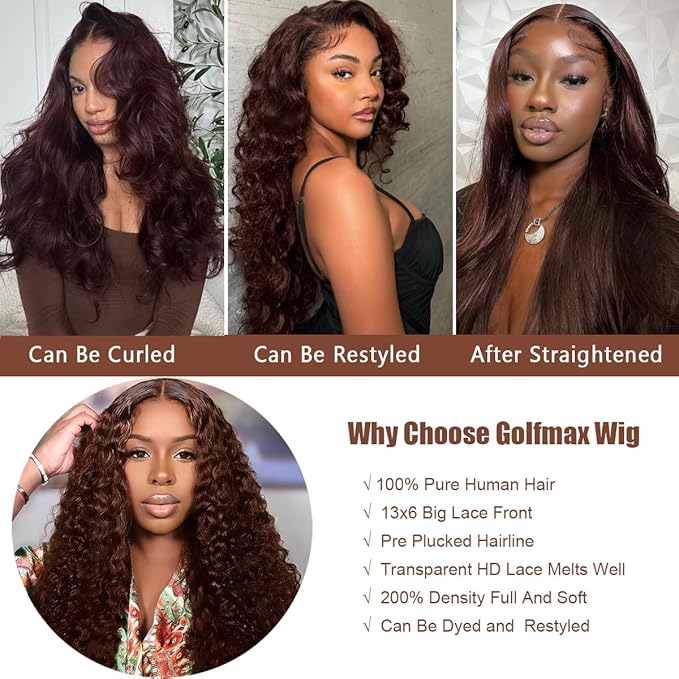 GOLFMAX 32 Inch Chocolate Brown Lace Front Wig Human Hair 200 Density 13x6 HD Deep Wave Lace Front Wigs Human Hair Colored Deep Curly Lace Frontal Wigs Glueless Wig Brown Wig Wigs for Women