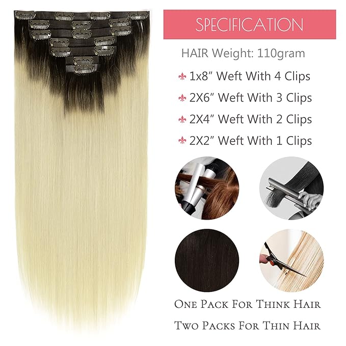 Loxxy Seamless Extensions Clip in Human Hair Double Ultra Thin PU Weft Remy Hair Extensions Clip in Human Hair Ombre Rooted Darkest Brown To Platinum Blonde Full Head R#2-60A 18Inch 110gram 7pcs