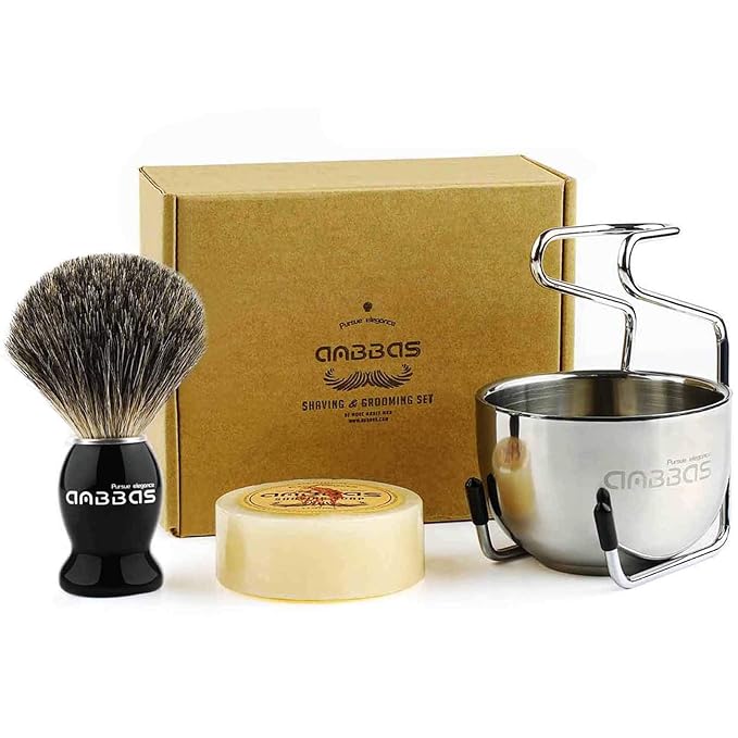 Anbbas Pure Badger Bristles Shaving Brush Black Wood Handle and Refill Soap Bar 100gStainless Steel Shaving Stand and Soap Cup Kit Perfect for Men