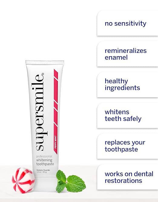 Supersmile Peppy Mint Teeth Whitening Toothpaste Set Complete 5-Piece Travel Set with 3 Toothpastes 1 Accelerator &amp 1 Toothbrush Whitening Toothpaste Kit Whitens up to 6 shades.