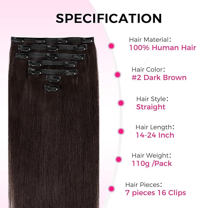 Lashey Invisi Edge Clip in Hair Extensions 14 Inch 110g 7pcs Injected Seamless PU Clip in Hair Extensions Virgin Human Hair #2 Dark Brown Straight Hair