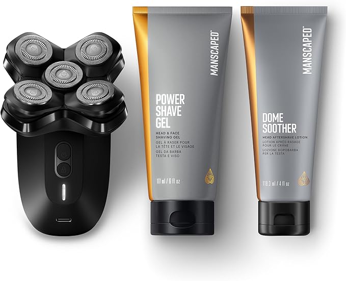 MANSCAPED® The Dome Shaver??PRO Package - Head Shaver for Bald Men Five Rotary Blade Design with SkinSafe® &amp FlexAdjust Technology Head &amp Face Power Shave Gel Dome Soother Aftershave Lotion