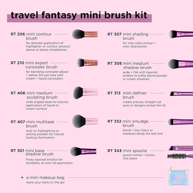 Real Techniques 11 Piece Travel Fantasy Mini Brush Set Travel Size Makeup Brushes For Foundation Eyeshadow Powder Blush Contour &amp Concealer Makeup Bag Included Gift Set Cruelty-Free
