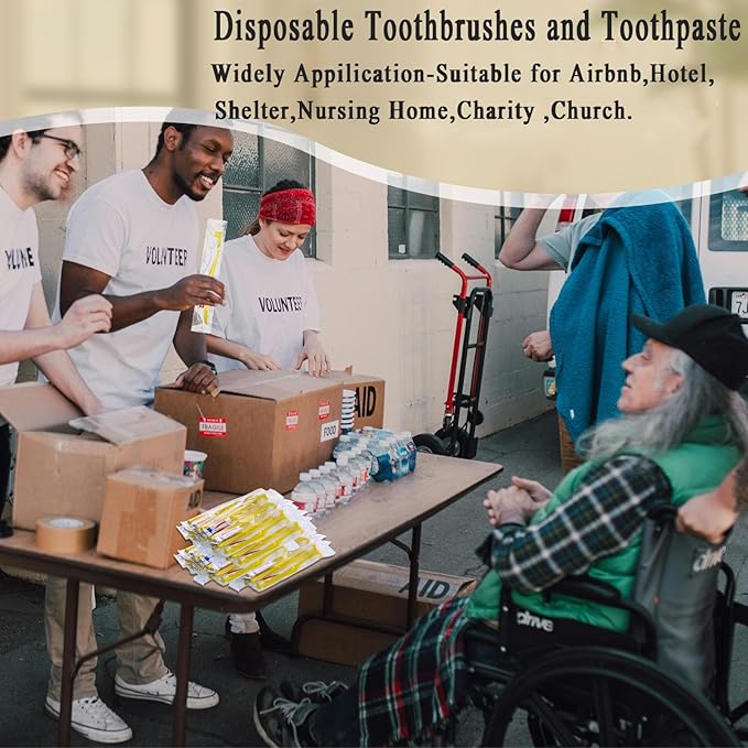 Disposable Toothbrushes with Toothpaste100 Pack Yellow Hollow Individually Wrapped Disposable Travel Toothbrushes Kit in Bulk for HomelessNursing HomeHotelCharity