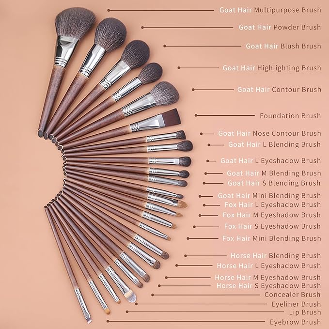 Deluxe Natural Goat Hair Makeup Brush Set with Case 24 Cosmetic Brushes Makeup Set Wooden Natural Makeup Brushes Natural Bristle Makeup Brush Natural Hair Makeup Brushes Set Professional.