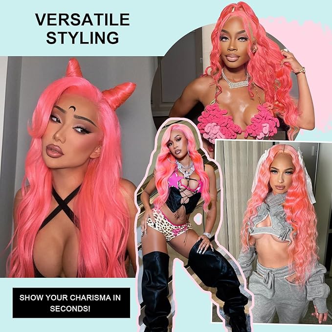 Pink Lace Front Wig Human Hair 200 Density 13x4 Body Wave HD Lace Front Wigs Human Hair Pre Plucked With Baby Hair Pink Color Human Hair Wig For Women 32 Inch