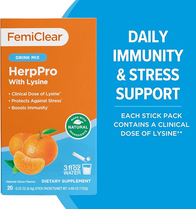 FemiClear HerpPro Drink Mix with L-Lysine 3000mg Zinc Vitamins A &amp C Ashwagandha Immunity &amp Stress Supplement for Women &amp Men 20 Stick Packets