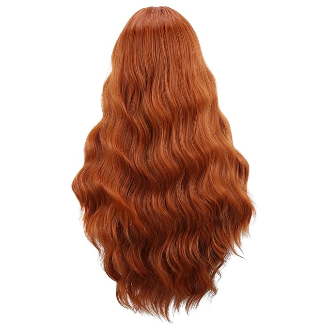 BERON Ginger Wigs Curly Wavy Women Wigs with Bangs Dark Orange Color Heat Resistant Synthetic Wig for Costume Cosplay or Daily Wigs Wig Cap Included