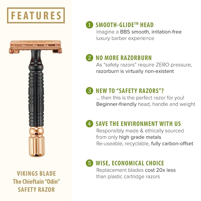 VIKINGS BLADE Double Edge Safety Razor for Men + 5 Swedish Steel Blades + Luxury Case. Smooth Reusable Eco-Friendly (Chieftain ?œOdin??
