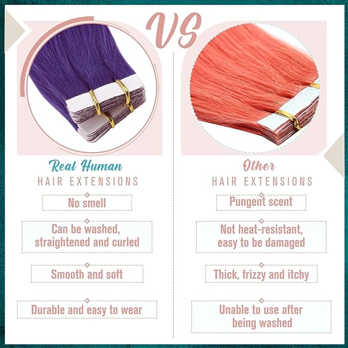 RUNATURE Tape in Hair Extensions Human Hair Straight Color Purple Hair Extensions Tape in Extensions for Long Hair Remy Natural Hair for Highlights Soft Silky Tape Ins 20 Inch 50g 20pcs