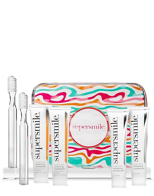 Supersmile Fluoride-Free Whitening System Gift Set with Travel Bag ? 2 Calprox® Toothpastes Accelerators &amp New Generation Toothbrushes ? No Sensitivity Whitens Up to 6 Shades &amp Strengthens E