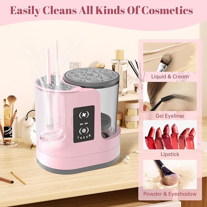 3 IN 1 Electric Makeup Brush Cleaner Machine With Makeup Brush Dryer-Holder-Portable Automatic USB Cosmetic Brushes Cleaner Tool for All Size Beauty Makeup Brush SetEyeshadow Blush Brush (Rose Pink)