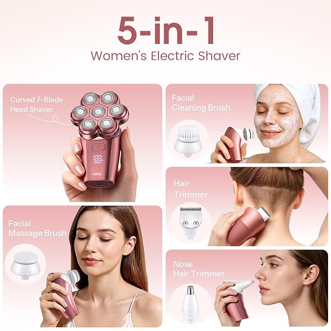 Electric Razors for Women Legs: 5-in-1 Rechargeable Body Shaver 7D Wet &amp Dry Body Trimmer IPX7 Waterproof Lady Hair Remover for Face Underarms Pubic Matte Pink