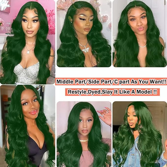 Colorful Bird 32 Inch Dark Green Lace Front Wigs Human Hair Body Wave 13x4 HD Lace Frontal Wig Pre Plucked with Baby Hair Green Wigs Glueless 150% Density
