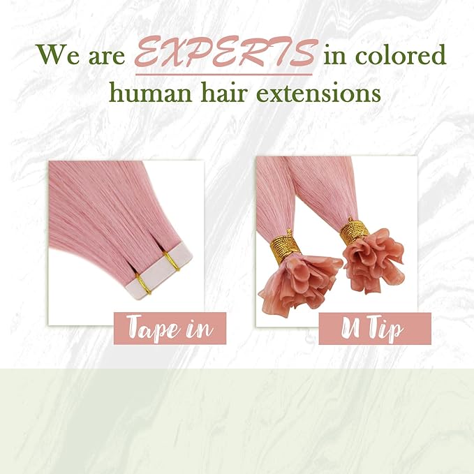 RUNATURE Pink Tape in Hair Extensions Real Human Hair Tape in Extensions Light Pink Hair Extensions for Highlight Colored Party Remy Hair Easy to Apply 20 Inch 25g 10pcs