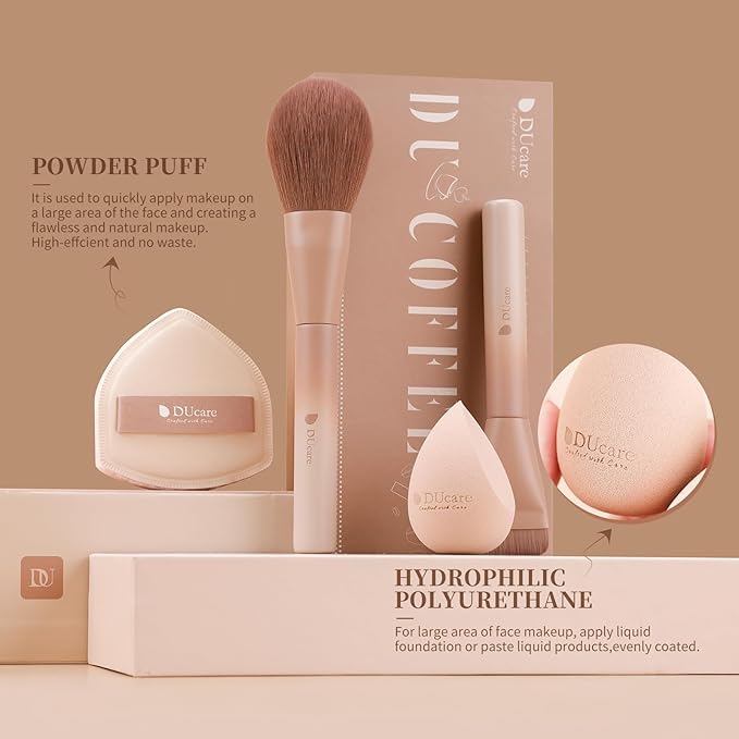DUcare 14pcs Christmas Makeup Set12Pcs Coffee Series Makeup Brush set with 2pcs Makeup Sponges Foundation Blending Face Powder Blush Eye Shadows Brushes