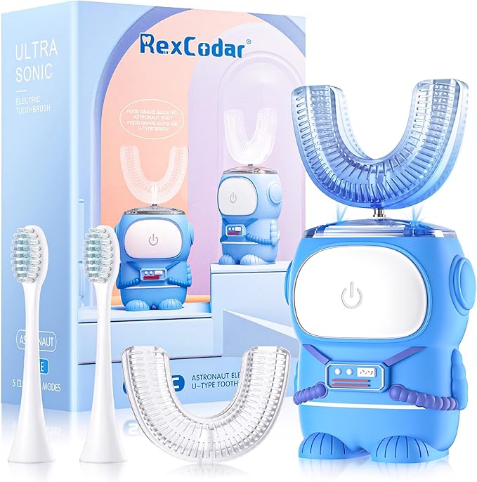 Ultrasonic Kid's U-Shaped Electric Toothbrush IPX7 Waterproof Five Cleaning Modes Cartoon Astronaut 60S Smart Reminder (Azure Blue Ages 2-6)
