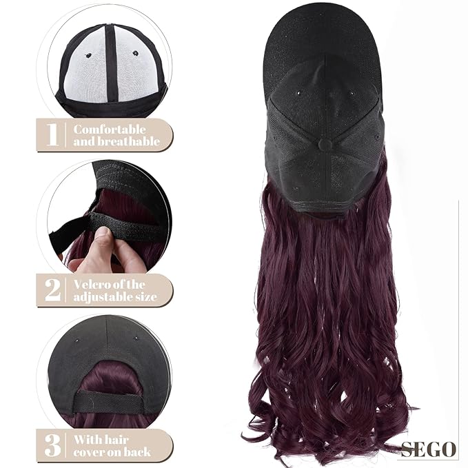 SEGO Baseball Cap with Hair Extensions for Women Heat Resistant Synthetic 16 Inch Adjustable Long Wavy Hairpiece Replacement Wigs in Hat for Girls99J