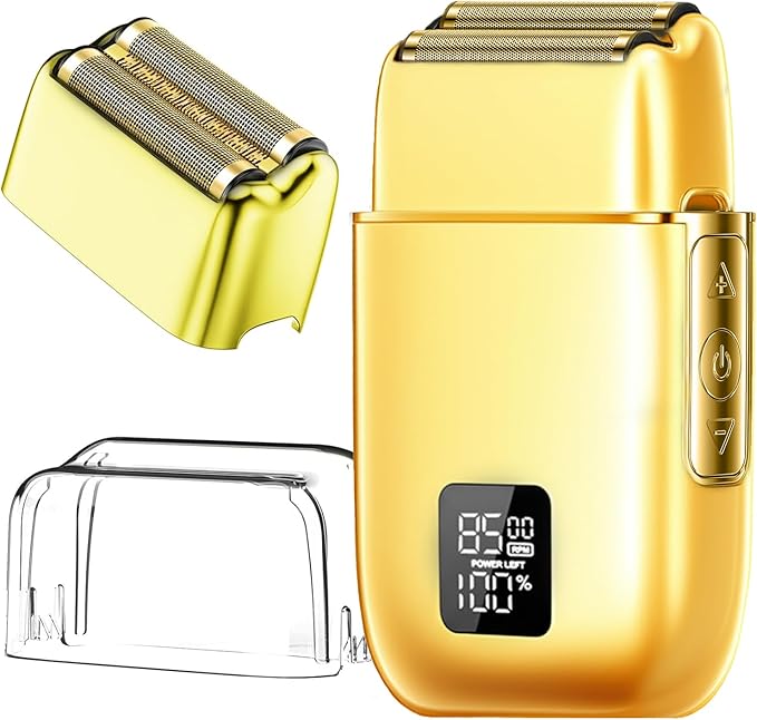 Electric Foil Shavers for Men 3 Speed Electric Razor for Men High Speed Dual Floating Blades IPX7 Waterproof Wet &amp Dry LED Display USB Type C Charging Foil Razor for Face/Beard/Head (Gold)