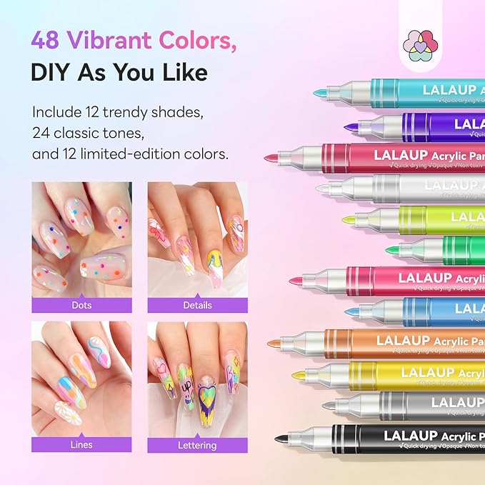 SAVILAND Essentials Nail Art Pens Set: 48 Colors Quick-Drying 3D Nail Polish Pens Acrylic Paint Markers for Nail Art Painting Drawing Liner Brush Dotting Tools Kit for Home DIY &amp Salon Manicure