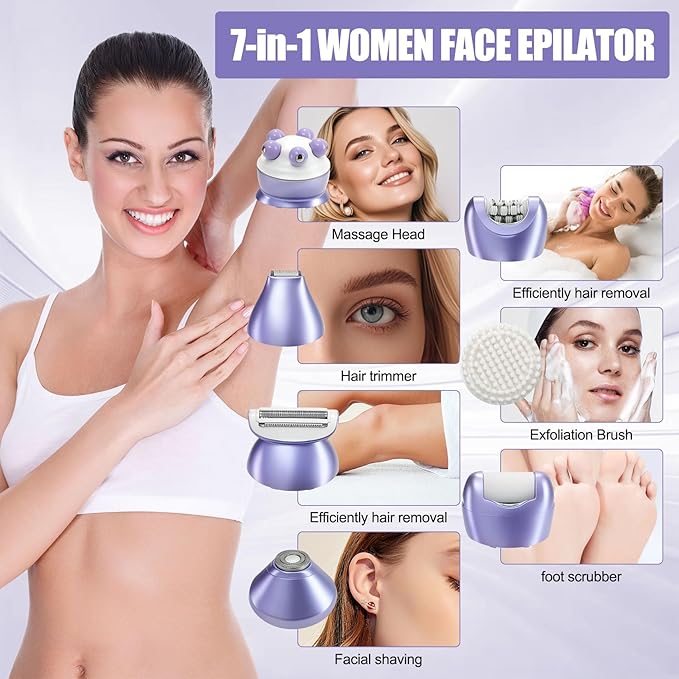 3.0 Women Face Epilator 7-in-1 Rechargeable Facial Hair Remover with LED Battery Display Facial Shaver for Face Eyebrow Nose Trimmer