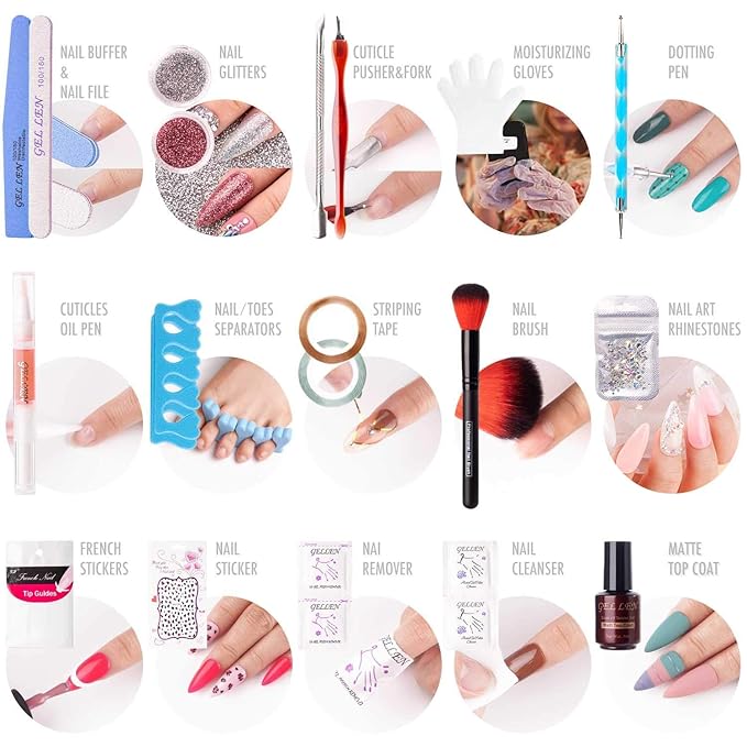 Gellen Gel Nail Polish Kit with U V LED Light 72W Nail Dryer 12 Trendy Colors Nail Gel Polish No Wipe Top Base Coat Nail Art Decorations Manicure Tools All-In-One Manicure Kit Bright and Pastels