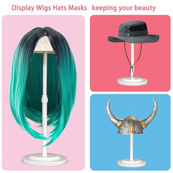 Wig Stand 2 Pack Adjustable Height Wig Holder Stands Non-Slip Portable Wig Head Holders Sturdy Plastic Wig Head Stand for Multiple Wigs and Hats Styling Drying Display (White)