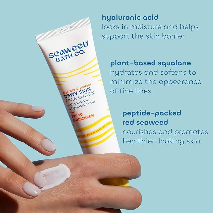 Seaweed Bath Co. Hydrate &amp Protect Dewy Skin Face Lotion SPF 30 Broad Spectrum Zinc Oxide Facial Sunscreen 2 Ounce Sustainably Harvested Seaweed Hyaluronic Acid Squalane
