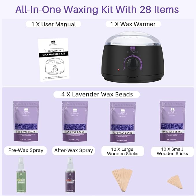 BLITZWAX Brazilian and Bikini Waxing Kit for Women Hard Wax Warmer for Face Legs and Body At Home Hair Removal Kit Beginner Friendly Quick Heating 28 Accessories