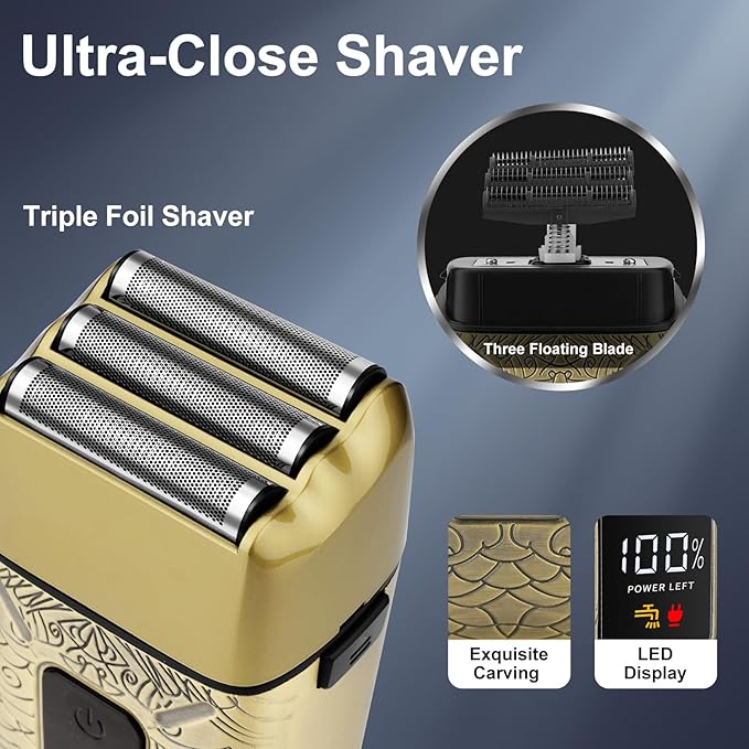 Electric Shavers for MenWaterproof Powerful Motor Electric RazorHead Shavers for Bald MenTriple Foil Beard TrimmerBarber Supplies LED Displays &amp USB Charging Shaver Gifts