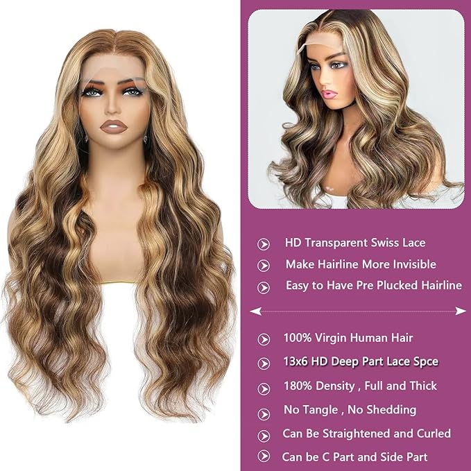 Ombre Brown Balayage Honey Blonde Highlight Wigs Human Hair Glueless Lace Front Wigs Human Hair Body Wave 13x6 Lace Front Wigs Pre Plucked Human Hair 20 Inch Brown Balayage Blonde Highlights Wig