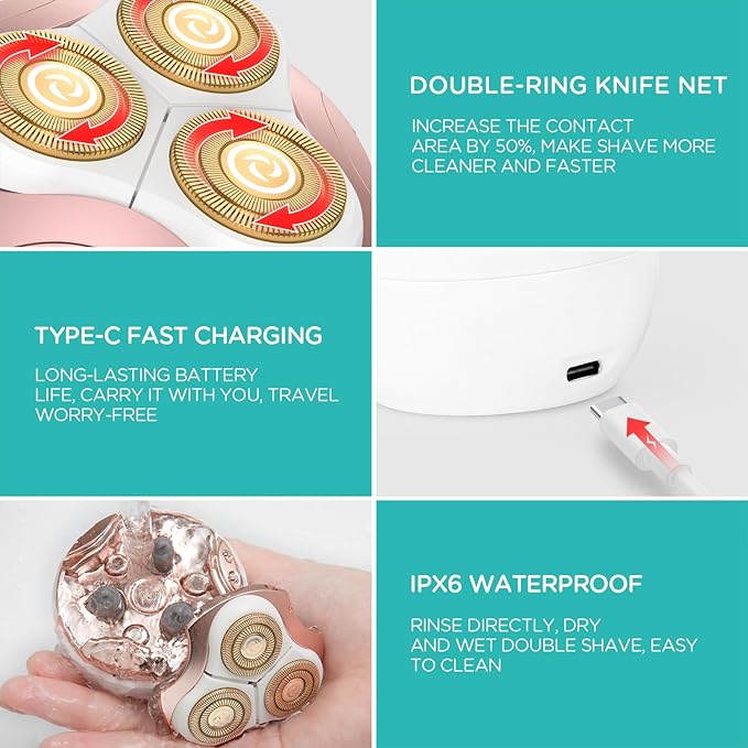 Electric Shaver for Women 3D Floating Blade Rotary Razor Hair Remover for Arms Legs and Underarms Rechargeable Portable and Safe Wet and Dry Use ES300