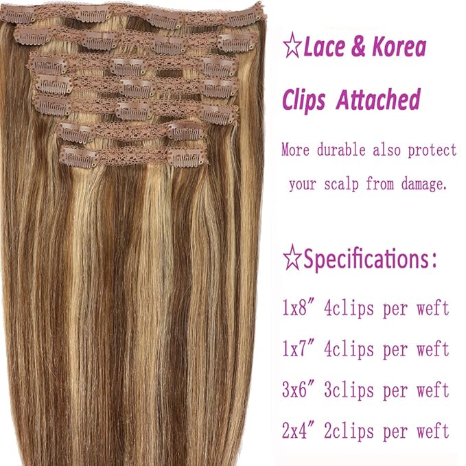 Human Hair Lace Clip In Hair Extensions Thick Ends Highlights Piano Color Chocolate Brown/Strawberry Blonde 16inch 100g Remy Hair Extensions