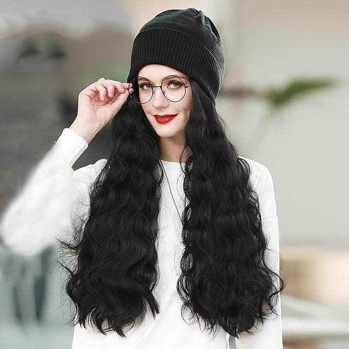 Women Winter Beanie Hat Wig Knit with Long Straight/Wig Wavy Curly Hair Wig Attached 23.6 Inch Synthetic Hairpiece