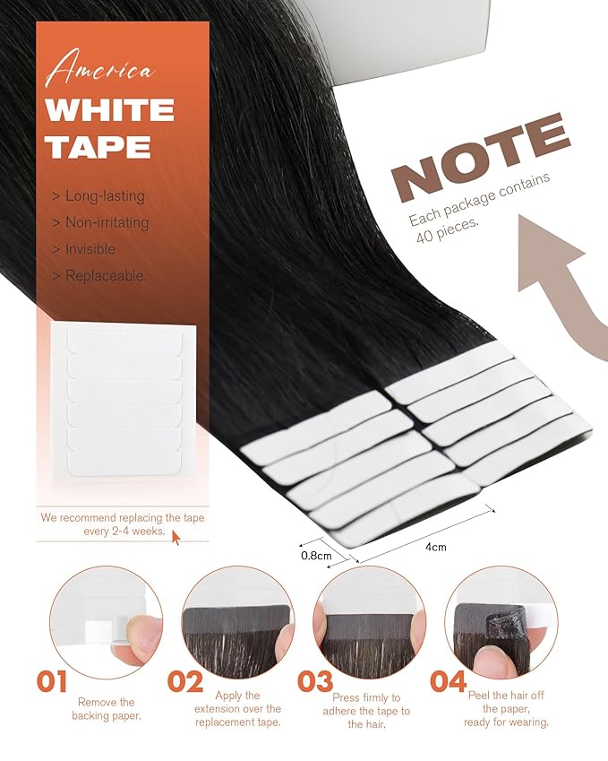 Sunny Hair Tape in Hair Extensions Human Hair 18inch Hair Extensions Real Human Hair Tape in Extensions for Women Jet Black Invisible Remy Hair Natural Straight Skin Weft Double Sided Tape 40pcs 100g
